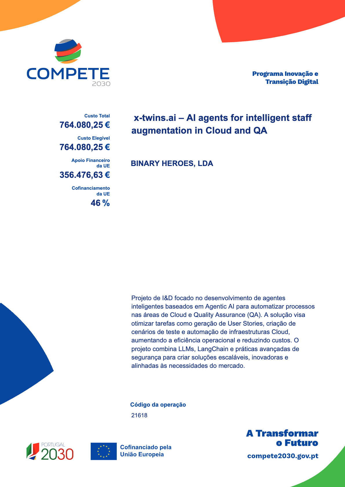 Operation sheet for the xTwins R&D project — operation code 21618